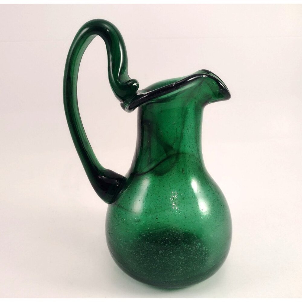 Vintage Hand-Blown Emerald Green Glass Pitcher Vase Jug Curved Handle SIGNED